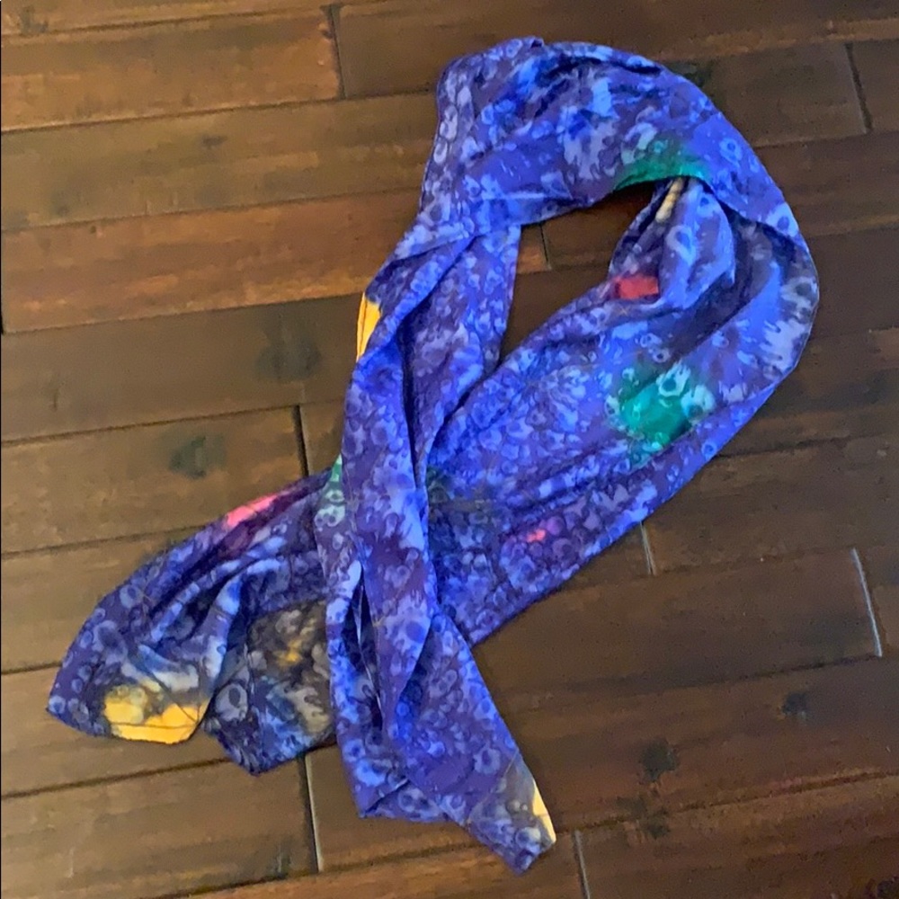 100% pure silk scarf in blue, pink, yellow & green